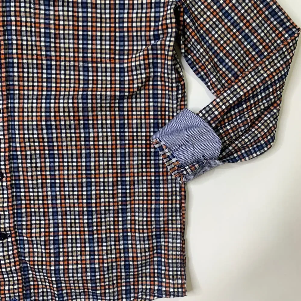 Johnston & Murphy Shirt Mens M Medium Cotton Flip Cuff Plaid Button Down Dress